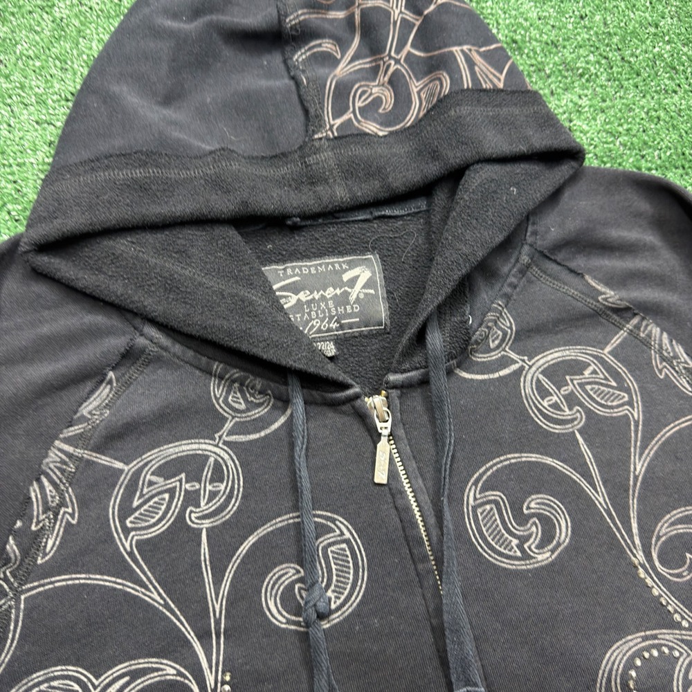 Vintage Seven7 Luxe Y2K Black Graphic Zip Up Hoodie Rhinestone Mens 22/24